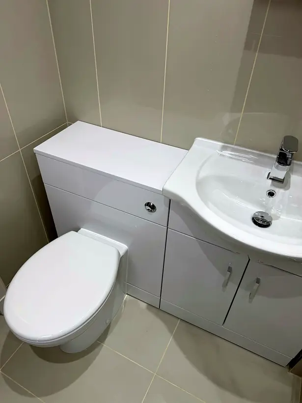 Toilet and vanity unit on a tiled bathroom floor